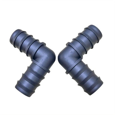 Two barbed elbow fittings from Large Size 10 Piece Drip Irrigation Barbed Elbow Fittings Kit For 1 Inch Tubing 25mm OD 0.75 Inch ID Easy Install Leak Free Connectors For Garden Farm Sprinkler System