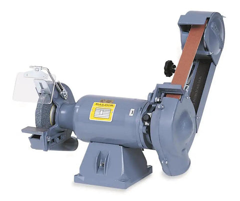 Heavy Duty Bench Grinder And Belt Sander Rig Featuring Tough Cast Iron Build And Badass One Point Five Horsepower Motor Ready For Grind Day Workshop Tasks, showcasing grinding wheel and sander belt.