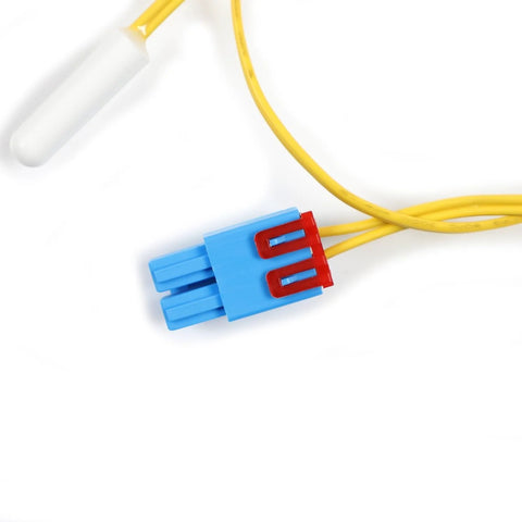 DA32-10105X refrigerator temperature sensor connector, blue 2-pin plug with red locking clips and yellow wires