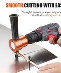 Power Drill Nibbler Attachment With 360 Degree Adjustable Double Head Metal Sheet Cutter shown cutting metal sheet