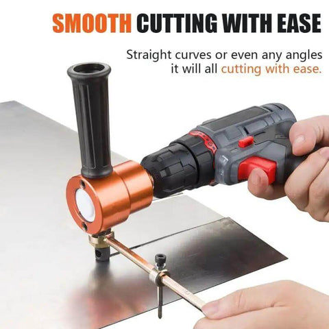 Power Drill Nibbler Attachment With 360 Degree Adjustable Double Head Metal Sheet Cutter shown cutting metal sheet