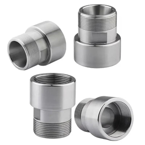 Set of four silver metal spindle adapters with threaded sleeves for ER11–ER32 machine spindles