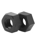 100 Pack Premium Black Plastic Hex Nuts M3 0.5 Millimeter Coarse Thread Fasteners, two hex nuts showing plastic construction.