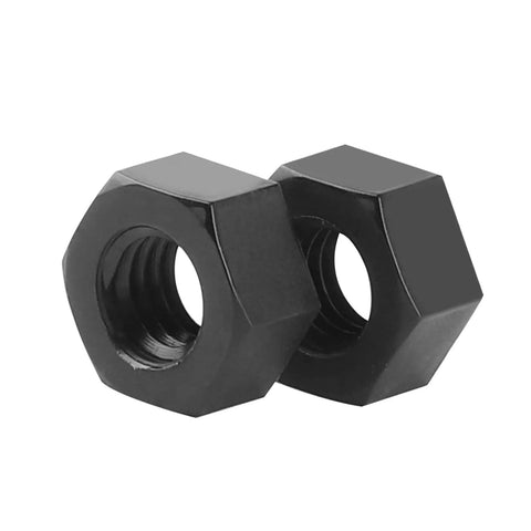 100 Pack Premium Black Plastic Hex Nuts M3 0.5 Millimeter Coarse Thread Fasteners, two hex nuts showing plastic construction.