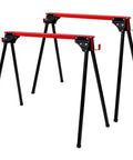 Heavy Duty Foldable Sawhorses 2 Pack 1000 Lb Weight Capacity Steel Work Stands with red tops and black legs ready for job site use.