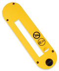 Zero Hassle Dado Throat Plate Replacement For 10 Inch Table Saw Heavy Duty Steel Insert, yellow design with safety icons.
