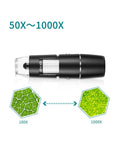 Wireless Handheld Digital Microscope for Kids and Adults, 50x to 1000x Magnification, 360 Degree Rotating Stand, Compatible With iPhone iPad Android Phones and Tablets, Portable, Great for Learning and Exploration. Black handheld microscope showing 50x-1000x zoom