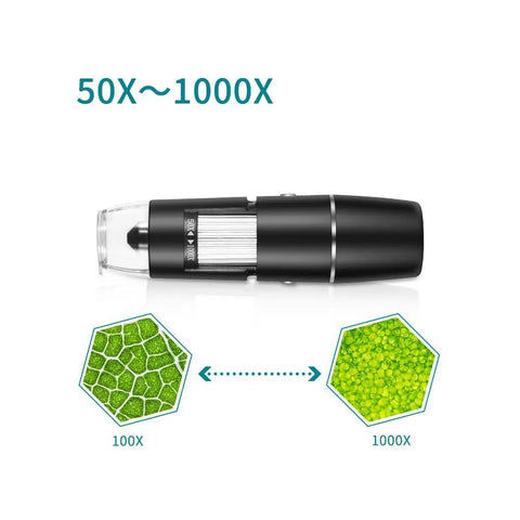 Wireless Handheld Digital Microscope for Kids and Adults, 50x to 1000x Magnification, 360 Degree Rotating Stand, Compatible With iPhone iPad Android Phones and Tablets, Portable, Great for Learning and Exploration. Black handheld microscope showing 50x-1000x zoom