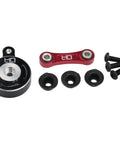 Hot Racing ATF48SH02 fixed-link steering servo saver, front view, red aluminum link, black hub, 3 spacers, 4 screws