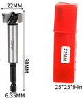 Front view: hinge boring drill bit, 8–25mm range, round shank, high-carbon steel, in red case