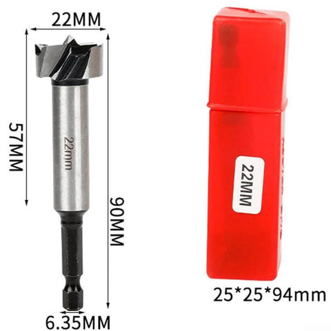 Front view: hinge boring drill bit, 8–25mm range, round shank, high-carbon steel, in red case