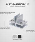 Heavy Duty Aluminum Glass Partition Clip Connector For Shelves And Cabinets, Seamless Panel Mount Hardware with silver finish.