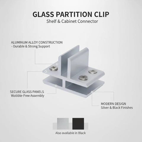 Heavy Duty Aluminum Glass Connector Clip for Display Cabinets and Office Partitions Silver Finish, showing screw and clip design