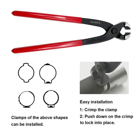 Heavy Duty Ear Clamp Pliers Kit With 12 Piece CV Boot Clamp Set showing pliers and clamp installation instructions