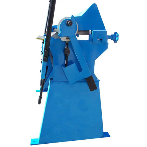 Side view of blue Beefy 48 Inch Pan And Box Brake Bender For Metal Fabrication With Removable Leg For Table Or Bench Mount