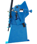 Side view of 4 Ft Pan Finger Brake Box Bender for 12 Gauge Steel Bends from 3 to 48 inches, blue metal fabrication tool