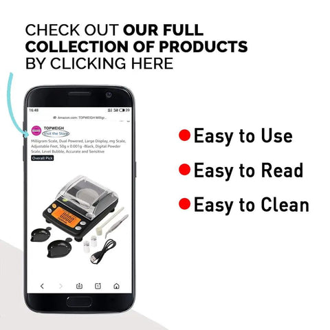 Mobile phone displaying Milligram Scale With Large Display And Dual Powered Pro Grade Digital Powder Scale For Precise Weighing 50g By 0.001g Resolution Adjustable Feet And Bubble Level Units Include Grams Grains Carats Pennyweights Ounces And Troy Ounces, shown in website interface.