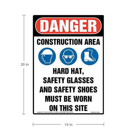 Danger Construction Area Sign PPE Must Be Worn OSHA Compliant Indoor Use 10 By 14 Inch Plastic Sign With Rounded Corners Reminds Workers Visitors Hard Hat Eye Protection And Safety Shoes Required