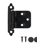 Half Inch Overlay Cabinet Door Hinges Matte Black 50 Pack Self-Closing Flush Mount For Kitchen Cupboards 25 Pairs With Stainless Steel Screws And Door Bumpers CH200-BK-P50. Image showing one hinge with screws and bumpers.