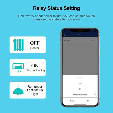 Relay status setting screen for Two Channel WiFi Relay Switch Module with Tuya Smart Life App dry contact output.