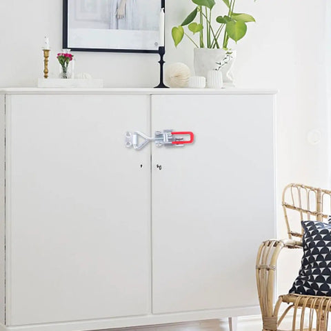 Sturdy 8 Pc Adjustable Toggle Latches With Zinc Coating For Cabinets And Tables Durable Rust Resistant Lock Hasps Perfect For Indoor Outdoor Use Quick Release Galvanized Iron Clamps That Hold Tight mounted on white cabinet doors