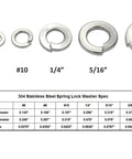 Set of 304 stainless steel spring lock washers (split rings) in sizes #6 to 3/8 inch, 100 pcs