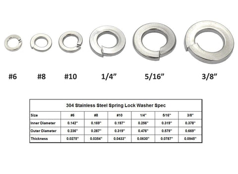Set of 304 stainless steel spring lock washers (split rings) in sizes #6 to 3/8 inch, 100 pcs