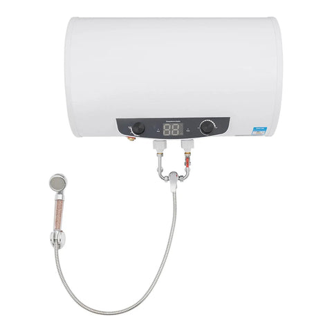 Heavy Duty Horizontal Electric Water Heater Featuring A Nifty Digital Display And Generous 70 Liter Reserve Plus 110V Plug Right In Hook Up to supply hot water.