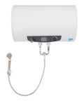 18.5 Gallon Horizontal Electric Hot Water Heater With Slick Wall Mount Hardware And Clear Temperature Display showing digital controls and hoses.