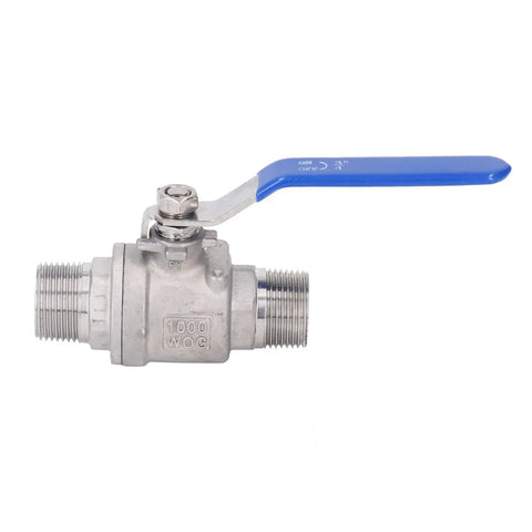 Heavy Hitter 3/4 Inch Ball Valve Built From 304 Stainless Steel With NPT Male Thread Ends and a blue lever for quick shutoff.