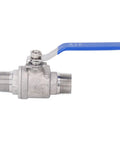 Heavy Duty 304 Stainless Steel 3/4 Inch Ball Valve With Male Thread For Plumbing And Job Sites Featuring PTFE Seals and a blue handle.