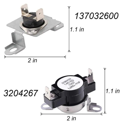 Dimensions and design of 137032600 thermal limiter and 3204267 thermostat from Dryer Heating Element Kit 134792700 With High Limit Thermostat 3204267 And Thermal Limiter 137032600 DIY Friendly Easy Install Compatible With Electrolux Frigidaire Dryers Replacement PS2349309 PS2349395 AP4368653 AP4368739 AP213147.