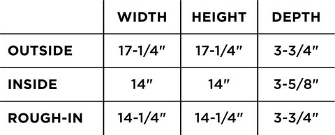 Chart showing dimensions for No-Brainer Tile Niche Recess For Bathrooms 14 By 14 Inch Preformed Shower Shelf: outside, inside, rough-in.