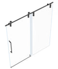 60 Inch Wide Frameless Sliding Shower Door With Sealing Strips And Waterproof Handle 5/16 Inch 8mm Clear Tempered Glass Black Stainless Steel Hardware 76 Inch High Reversible Left Or Right Opening