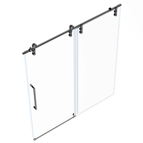60 Inch Wide Frameless Sliding Shower Door With Sealing Strips And Waterproof Handle 5/16 Inch 8mm Clear Tempered Glass Black Stainless Steel Hardware 76 Inch High Reversible Left Or Right Opening