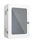 Rugged Workhorse Wall Mount EV Charger Protection Box With Vented Heat Dissipation Universal Fit For Electric Vehicles Lockable Weatherproof Station Enclosure Set Of Two White, showing a close-up view of the front.