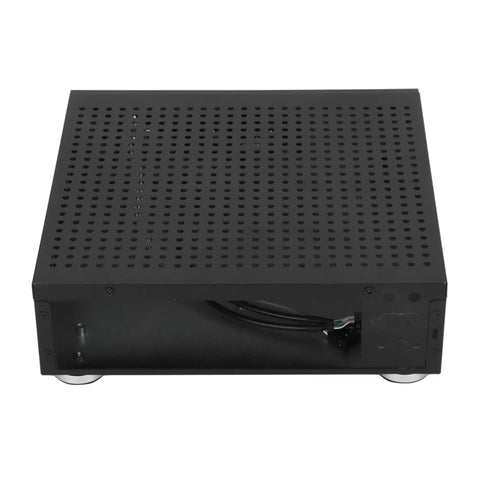 Front view of Compact Mini ITX HTPC Case Aluminum Alloy DIY Desktop Chassis with perforated panel for heat dissipation.