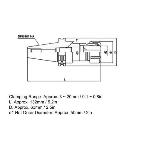 Technical drawing of Built To Last High Precision CNC Milling Tool Holder ER32 SK40 70 Lathe Machine Tool, 132mm length, 63mm shank