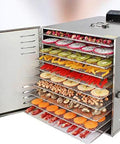 Top Shelf Heavy Duty Ten Layer Stainless Steel Electric Food Dehydrator With Digital Timer And Adjustable Trays For Making Jerky Fruits Vegetables And Pet Snacks filled with various fruits and meats.