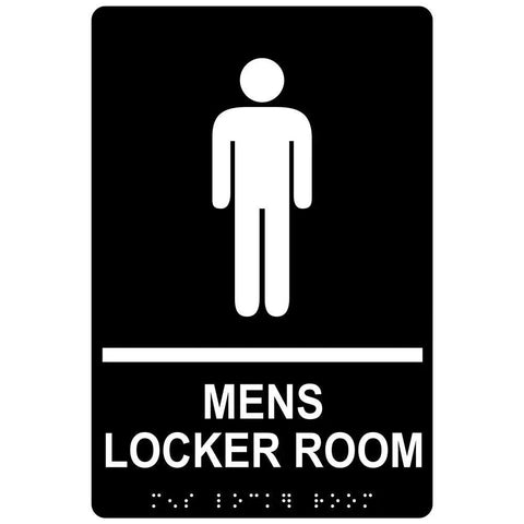 Men's Locker Room Sign ADA Compliant Braille And Raised Letters 9x6 Inch White On Black Acrylic With Adhesive Mounting Strips American Made For Workplace Safety And Accessibility