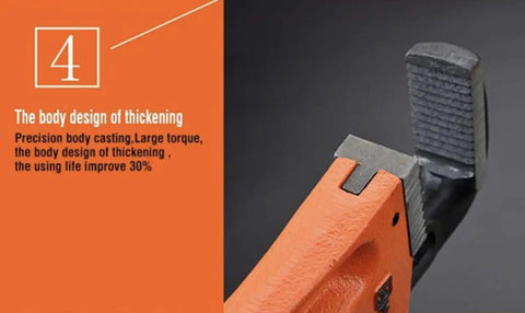 Close-up of Beefy Heavy Duty Pipe Wrench 12 Inch Heat Treated Steel With Forged Hook Jaw showing design and thickening body feature.