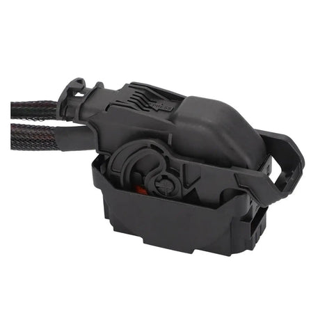Close-up of Heavy Duty Tesla Compatible Wiring Harness With Thick Insulation showing connectors and braided sleeve for secure links.