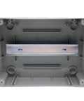 Inside view of Heavy Duty Abs Distribution Box For Circuit Breaker 12 Way with metal mounting strip and grey ABS material.
