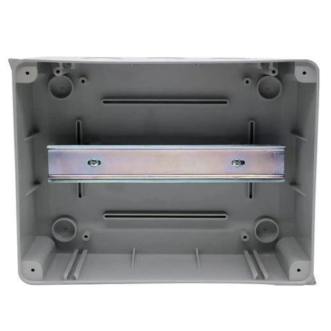 Inside view of Heavy Duty Abs Distribution Box For Circuit Breaker 12 Way with metal mounting strip and grey ABS material.