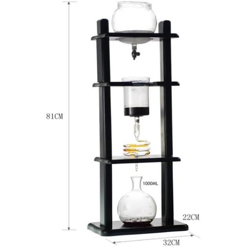 Premium 1 Liter Cold Brew Coffee Machine Hand Blown Glass And Solid Wood Ice Drip Tower, 81cm tall, showcasing construction and design.