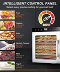 Heavy Duty No Nonsense 10 Layer Food Dehydrator And Compact Freeze Dryer With Adjustable Heat and timed cycling for jerky fruits vegetables meat, showcasing intelligent control panel with settings.