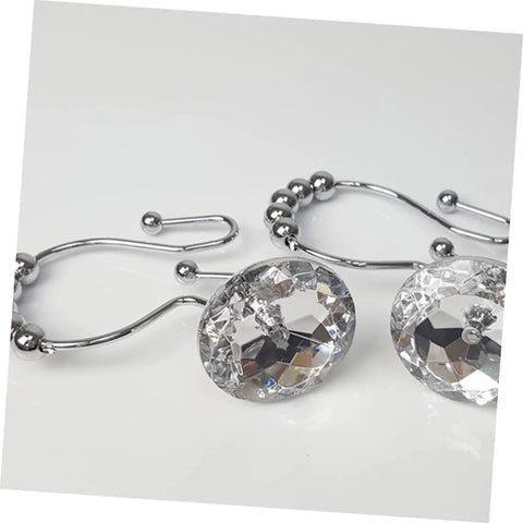 12 Pack Glide Shower Ring Hooks for Curtain and Liner, stainless steel white finish with decorative crystal accents