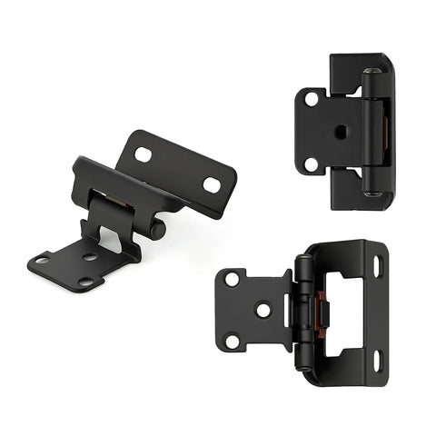 Heavy Duty Self Closing Cabinet Hinges With Smooth As Butter Soft Close For Half Inch Overlay Doors 4 Pack Easy Install Matte Black Finish, showing different angles.
