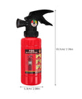 Red plastic water squirt fire extinguisher toy from Kids Firefighter Costume Props Set With Water Squirt Fire Extinguisher Toy For Role Play Realistic Fireman Gear With Interphone Megaphone Axe And Toy Radio Perfect For Pretend Play Parties Educational Safety Activities, labeled with dimensions.