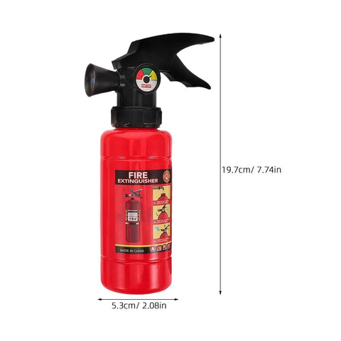 Red plastic water squirt fire extinguisher toy from Kids Firefighter Costume Props Set With Water Squirt Fire Extinguisher Toy For Role Play Realistic Fireman Gear With Interphone Megaphone Axe And Toy Radio Perfect For Pretend Play Parties Educational Safety Activities, labeled with dimensions.